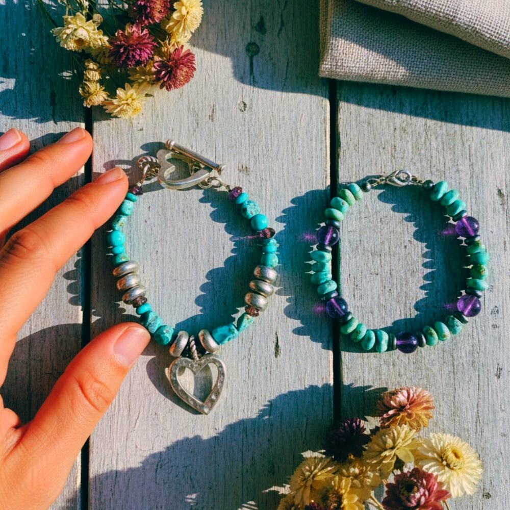 Turquoise and Amethyst Heart Bracelet Stack – Artisan Gemstone Set